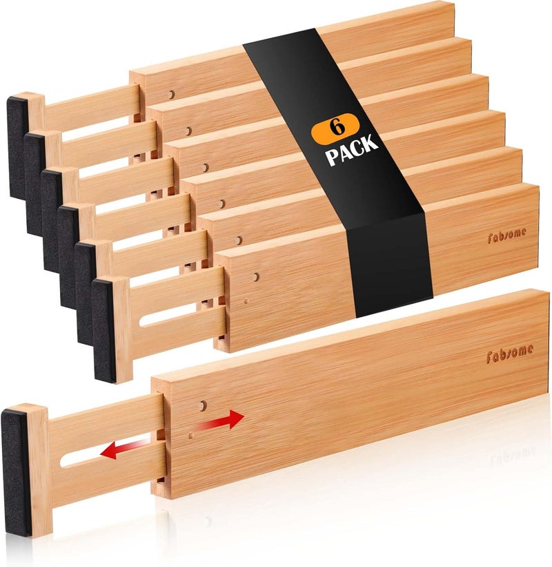 Fabsome Drawer Divider 6 Pack, Bamboo Dresser Organizers for Clothes Socks Underwear Baby Clothing, Wooden Separators for Nursery Organization Adjustable from 12.5'' to 17'' with Soft Foam Ends - Image 1